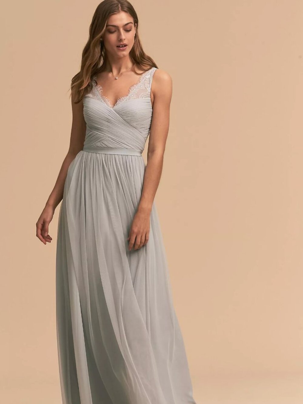 BHLDN Anthropologie Hitherto Fleur Gown Dusty Blue Tulle Lace Bridesmaid Maxi Dr